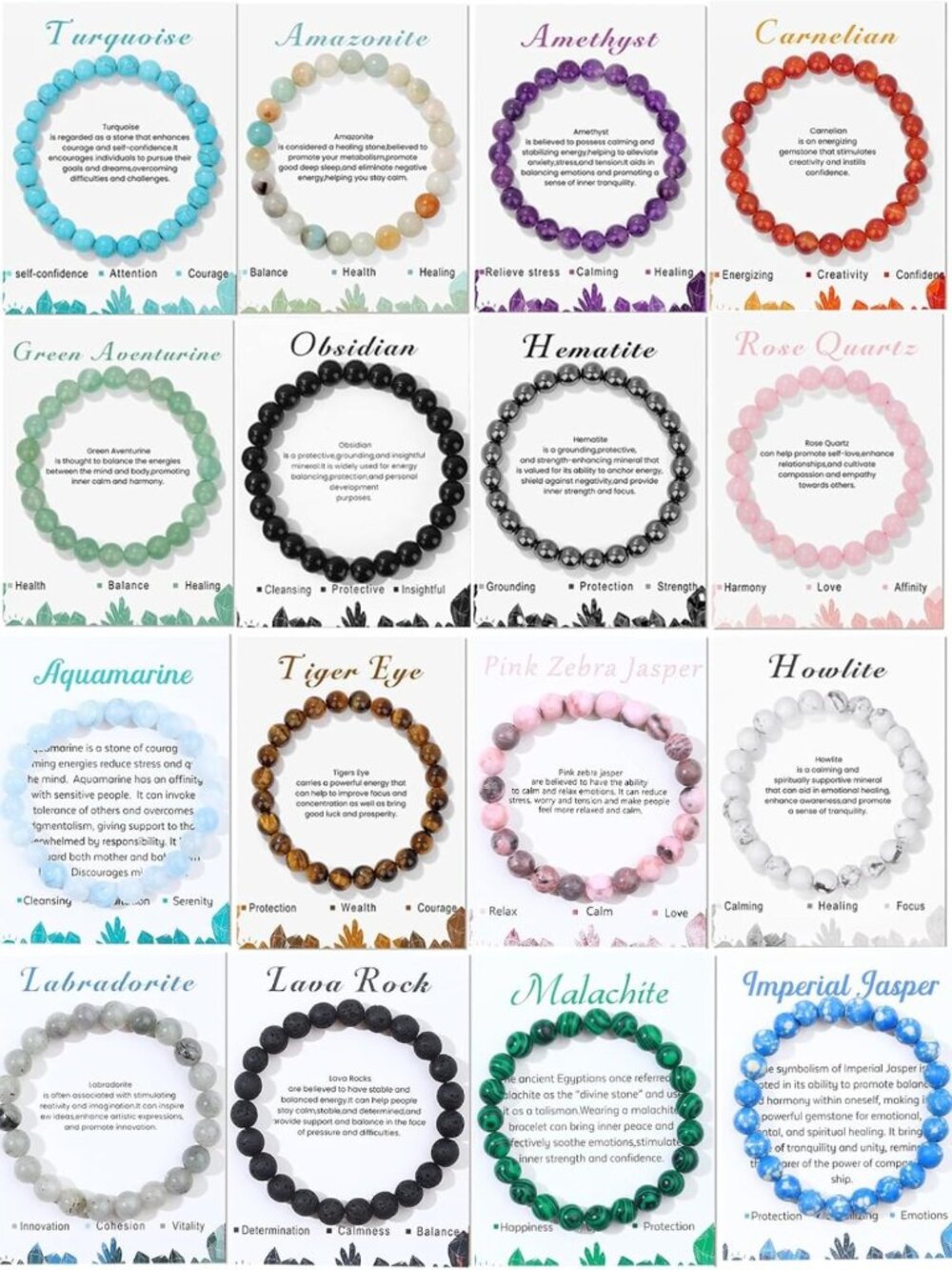 16PCS Natural Gemstone Bracelets Set - 8mm Stretch Beaded Yoga Jewelry for All